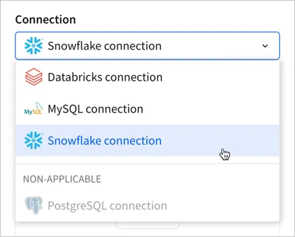 The Connection dropdown open with cursor hovering over an available connection