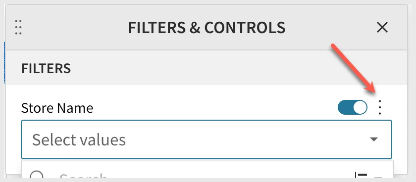 The Filters & Controls panel for the Store Name filter, with the 3-dot menu highlighted to open its options.