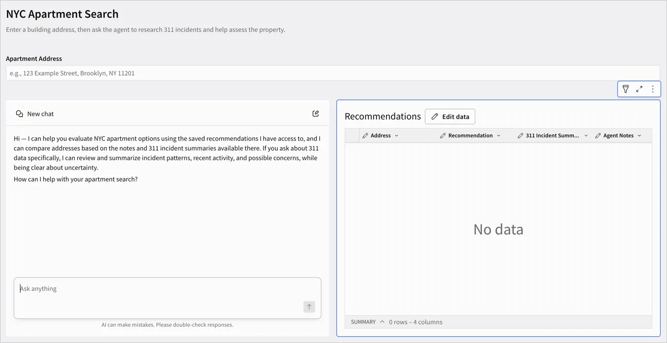 The NYC Apartment Search workbook with an Apartment Address text input, a chat element for the agent, and an empty Recommendations input table.
