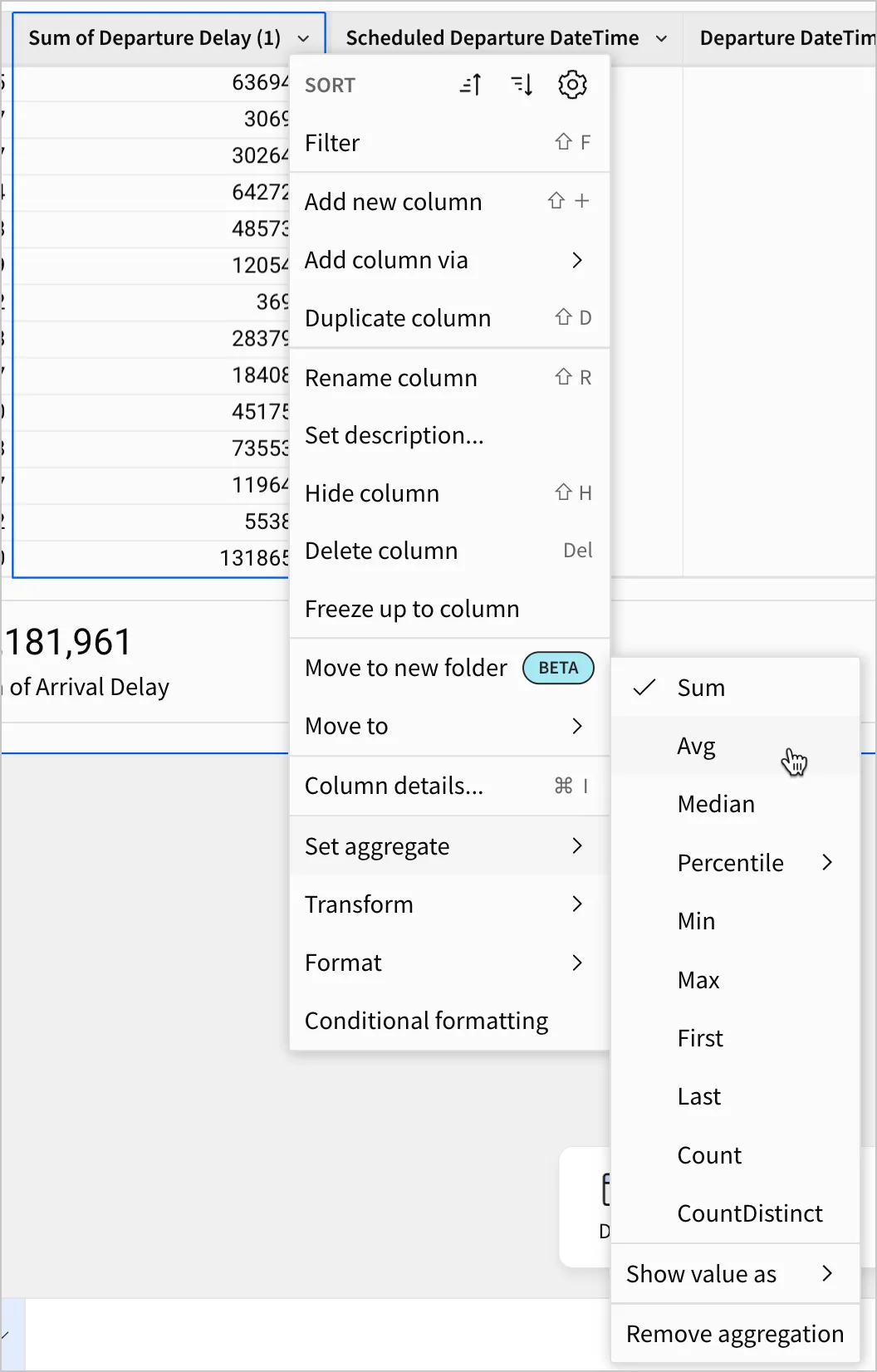 In the column menu for the second calculation, a user selects Avg from the set aggregate menu