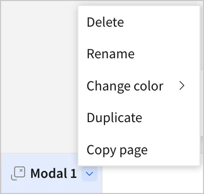 The modal menu with options for Delete, Rename, Change color, Duplicate, and Copy page.