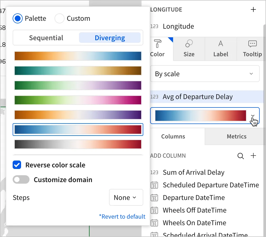 In the Color options, a user selects the Diverging color scheme options, and then selects a color scheme that ranges from blue on the left-hand side, to white in the middle, to red on the right-hand side, as well as checking the Reverse color scale box