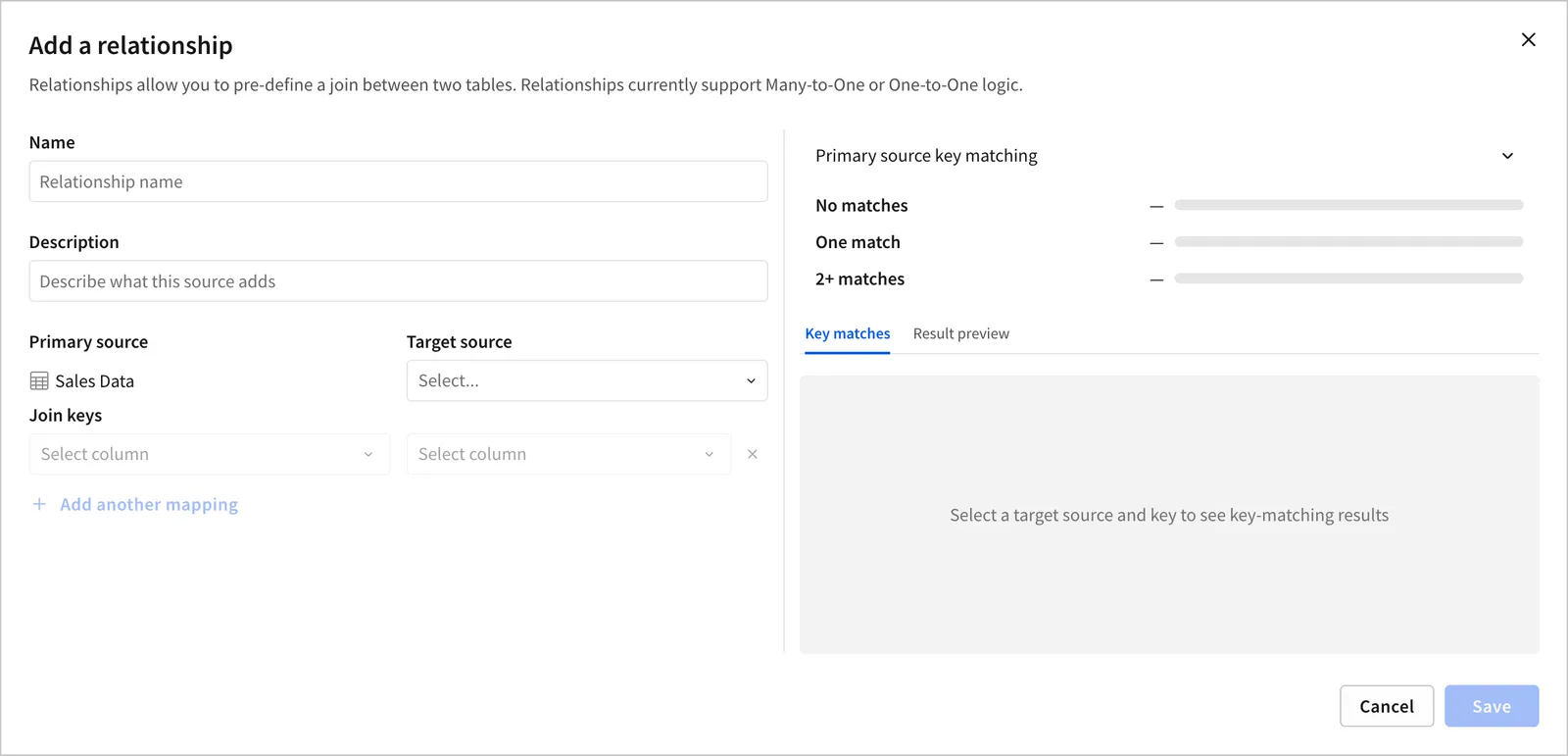 The Add a relationship modal with the Name, Description, Target source, and join key fields all left blank, and the Primary source set to a fact table named Sales Data.
