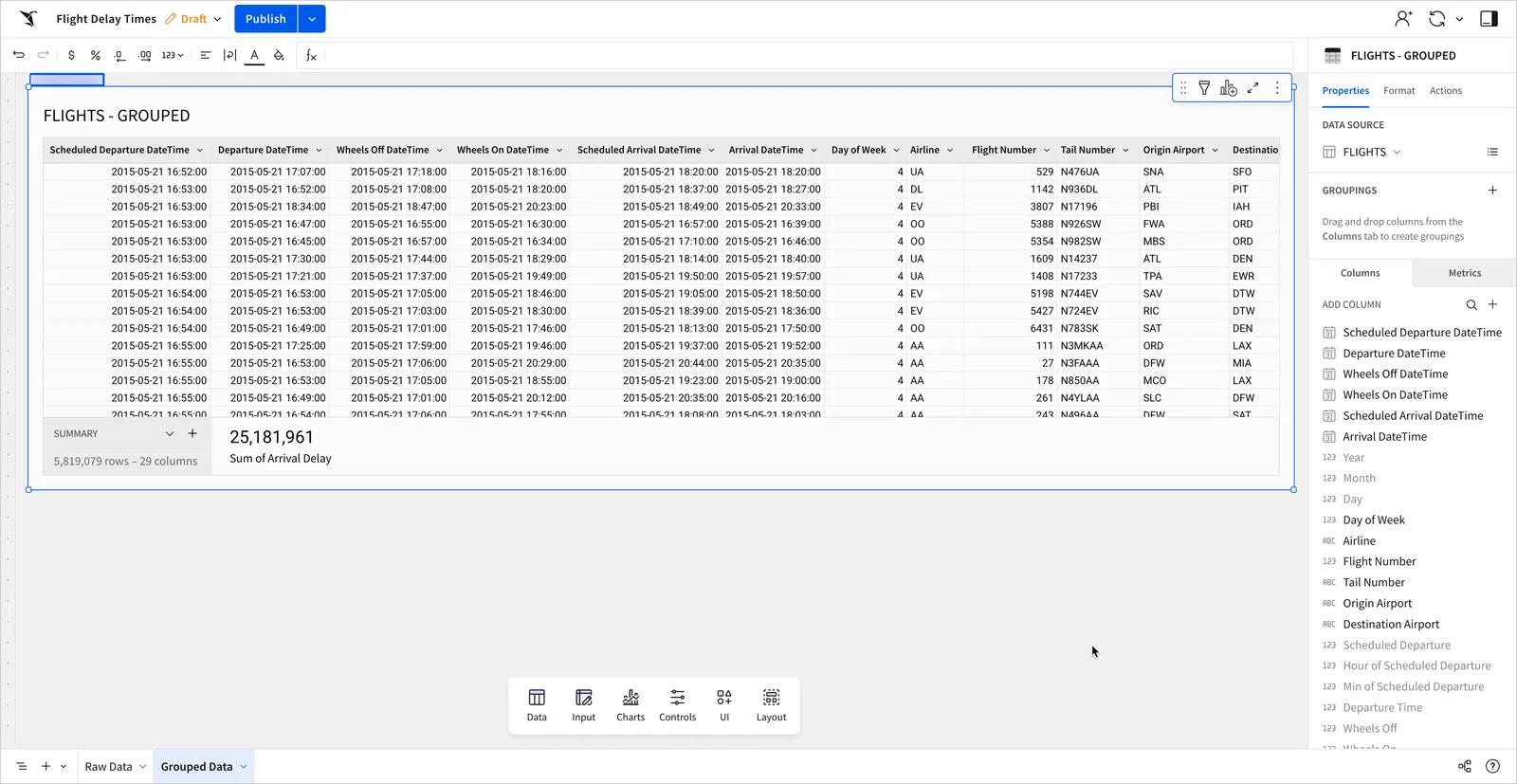 The FLIGHTS - GROUPED table on the new Grouped Data page
