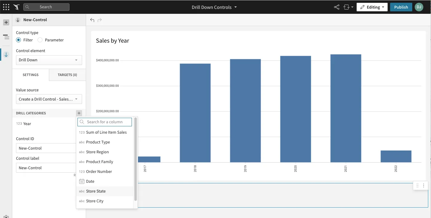 The Value source column menu open with Year, Product Type, Store Region, Store State, and Store City among the available columns.