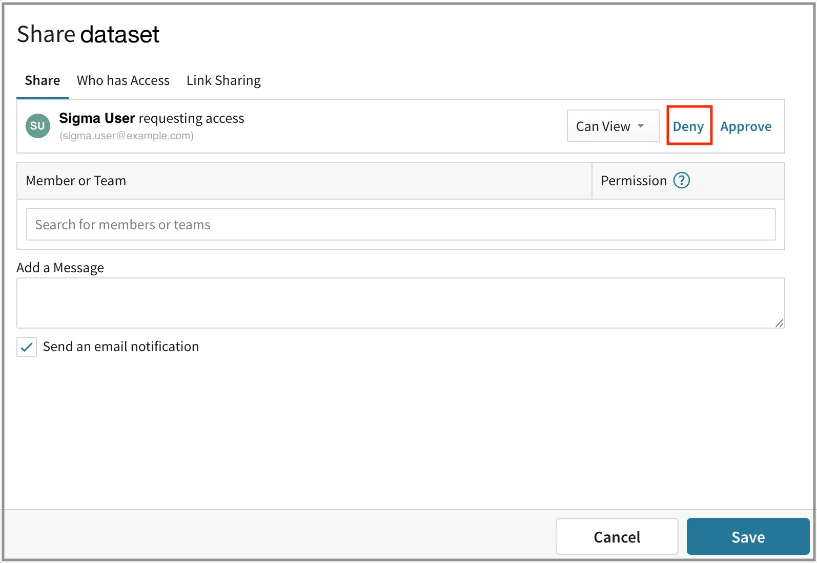 The Share dataset modal with the Deny option highlighted for a pending access request.