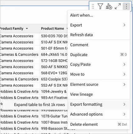 The element menu open showing the Expand table to first 1k rows option, along with other options like Export, Duplicate, and Delete element.
