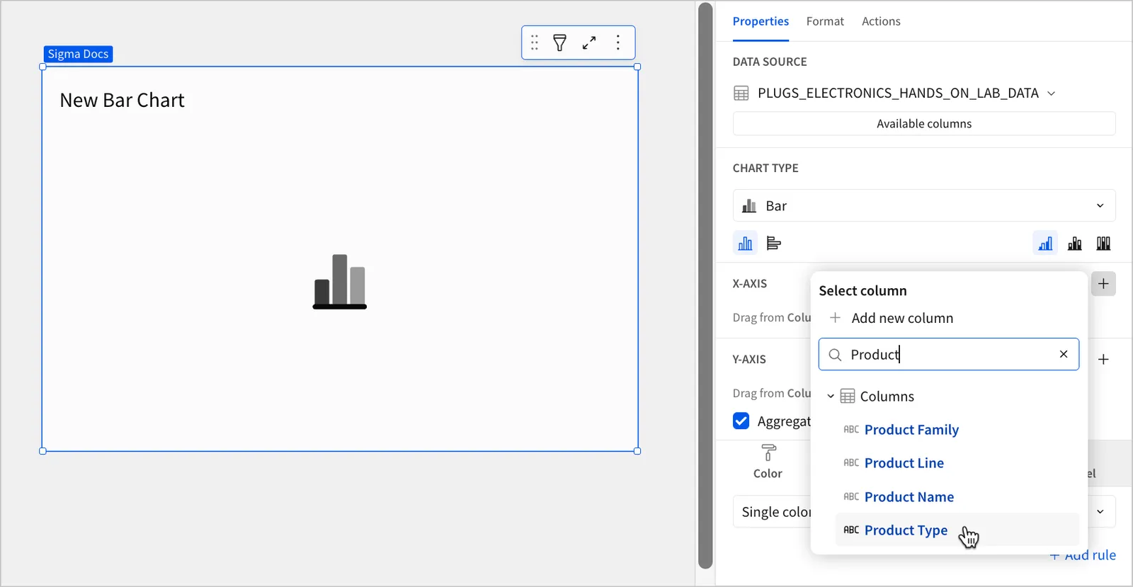 A workbook page with a blank chart named "New Bar Chart", with the cursor hovering over a column named Product type in the Add column popover, and the word Product entered in the search box.