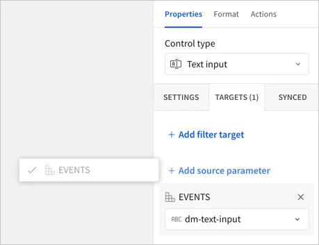Target tab of a text control with add source parameter selected and the Events data model chosen. The available control IDs are listed in a dropdown menu.