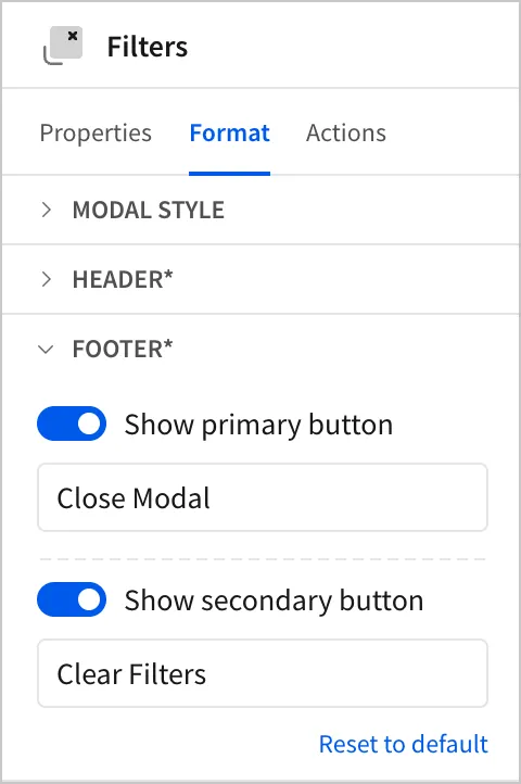 In the Format panel, under the footer section, the primary and secondary buttons are renamed Close Modal and Clear Filters, respectively