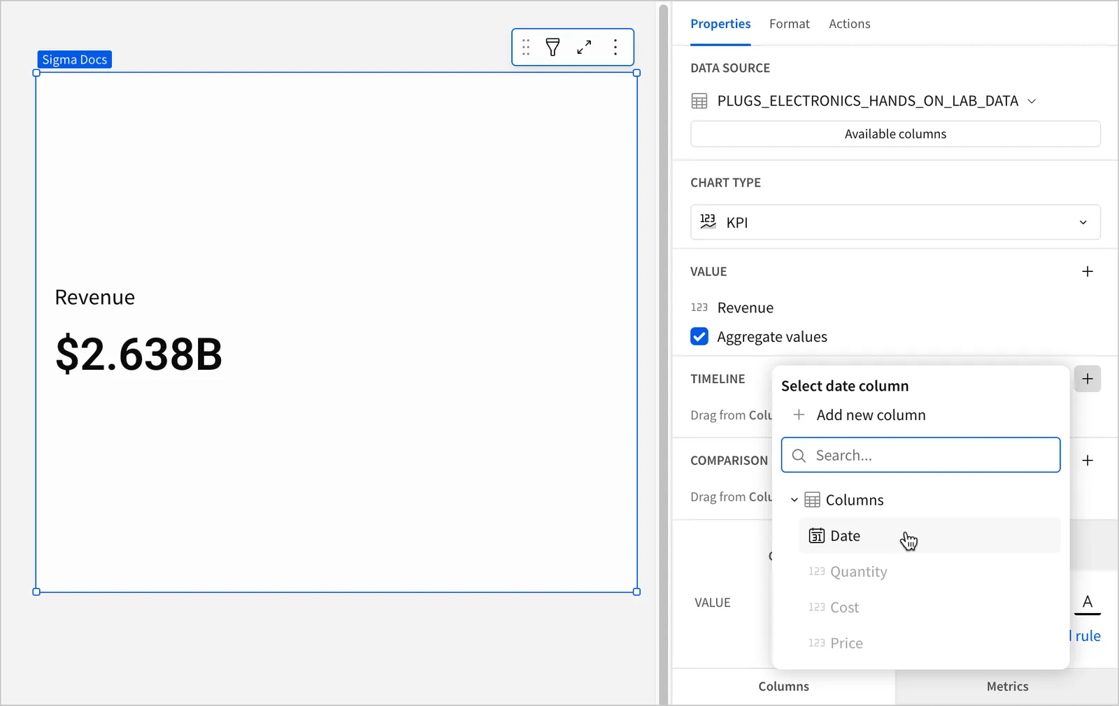 The Select date column popover, with the cursor hovering over a date column named Date, while columns not of the date data type named Quantity, Cost, and Price are grayed out and unavailable to select.