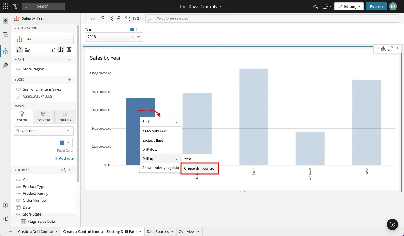 A bar chart context menu with Drill up expanded and Create drill control highlighted.