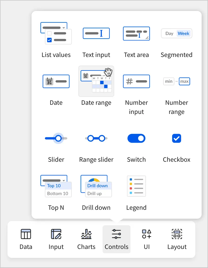 In the Add element bar, a user selects controls, and hovers over the Date range control option