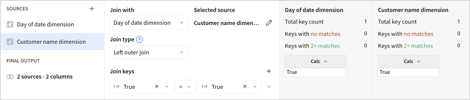 The join interface with True = True as the join key.