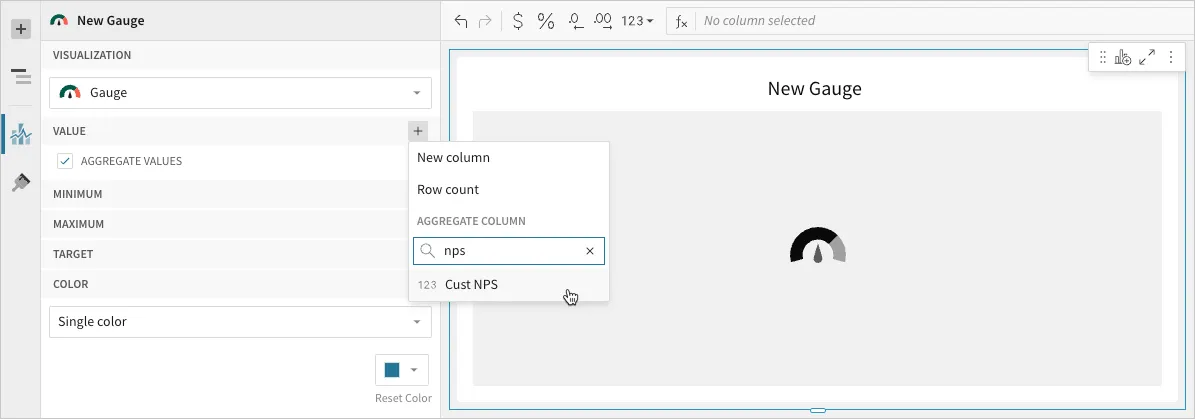 New Gauge editor with the Value property + menu open, showing New column, Row count, and an Aggregate column search field with "nps" entered and Cust NPS highlighted.