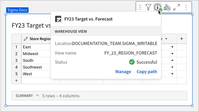 Hovering over the view warehouse view info option in the element toolbar to view the location, view name, and status of the view. This one is successful.
