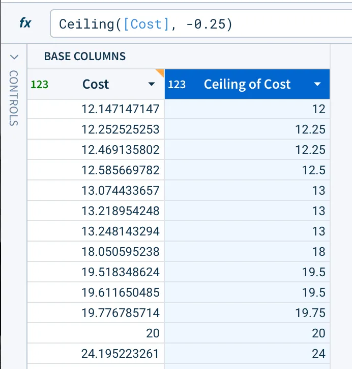 For given cost data of 12.14, 12.25, 12.46, 12.58, 13.07, 13.21, 13.24, 18.05, and others, the ceiling of cost column has values of 12, 12.25, 12.25, 12.5, 13, 13, 13, and 18.