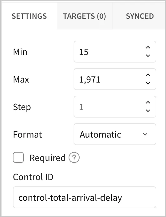 In the editor panel, the range of the Total Arrival Delay control is set from a minimum of 15 to a maximum of 1971