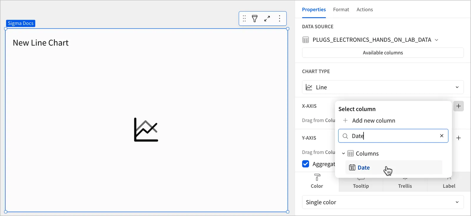 A blank line chart titled New Line Chart with the cursor hovering over a column named Date in the Select column popover, and the word Date entered in the search box.