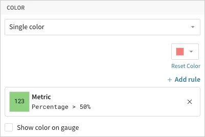 Color property with a conditional formatting rule applied to Metric where Percentage is greater than 50%, styled green.