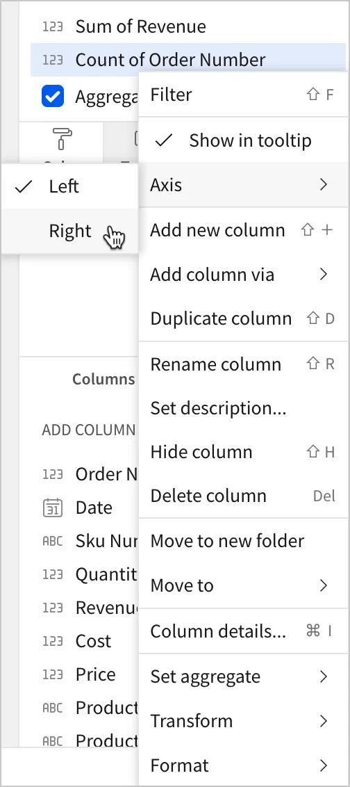 Column menu open for y-axis column, Sum of Dock Count, with the cursor over the path of Axis > Right, about to choose the position of the Y-axis and switch it from the left side of the chart to the right.