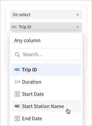 The trigger event is set to On select, and the column dropdown is open with Trip ID selected and the cursor hovering over Start Station Name.