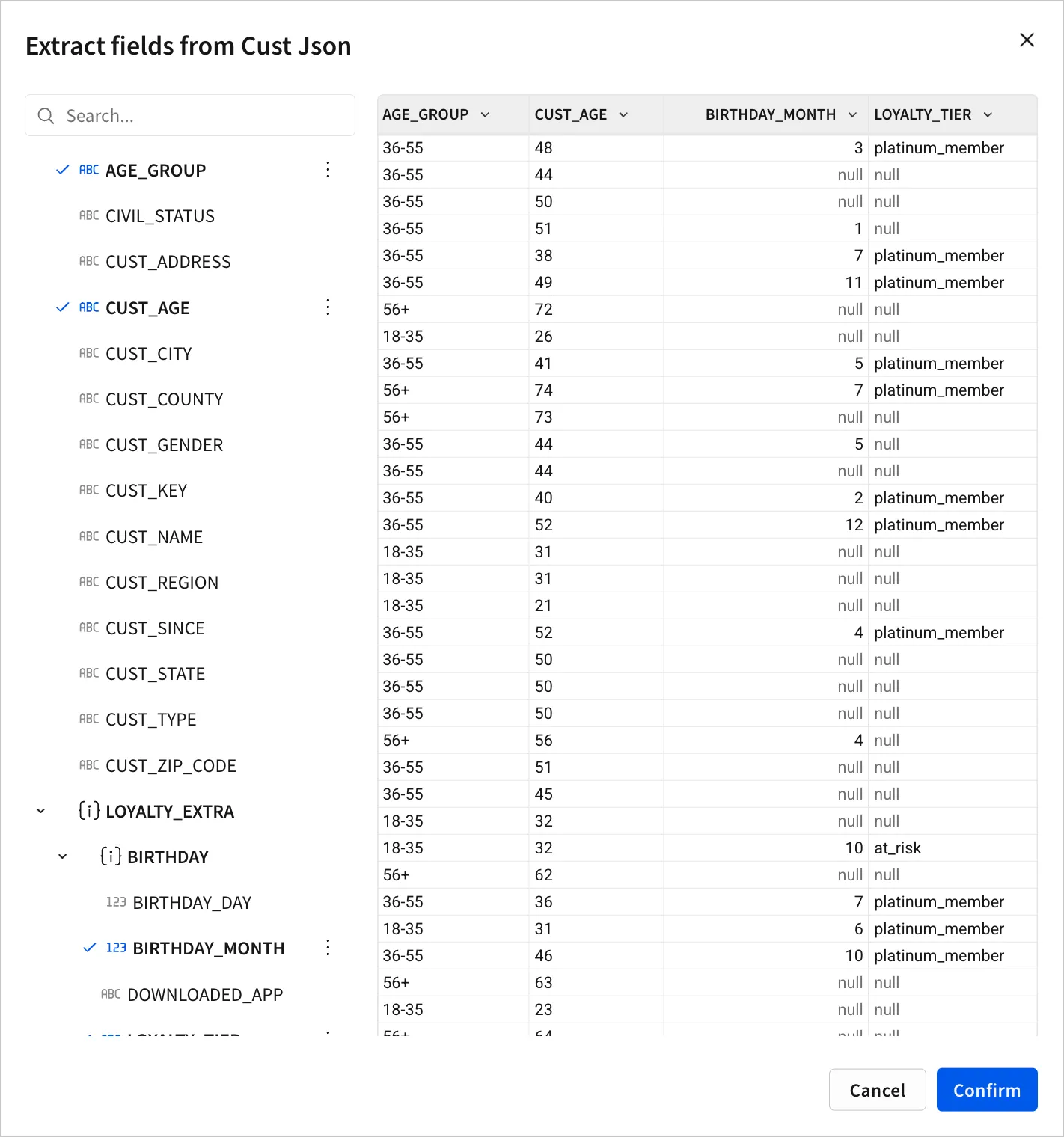 The Extract fields from Cust Json modal, with a searchable list of JSON keys and checkboxes (AGE_GROUP, CUST_AGE, and BIRTHDAY_MONTH selected) beside a preview of the extracted column values.