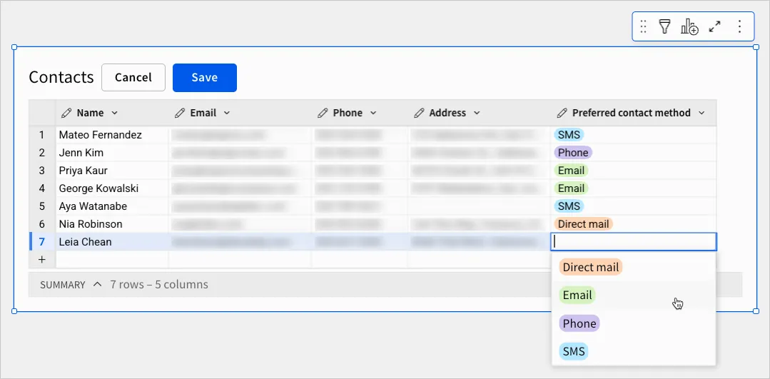 Image showing a single-select column populated with selected values and the option dropdown open for the last row.