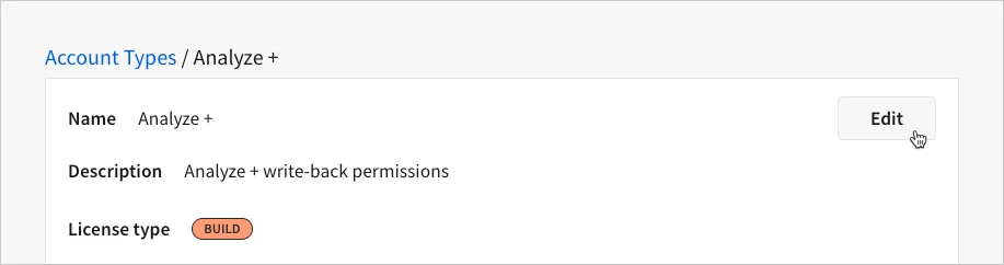The top of a custom account type summary screen showing the account type name, description, and license, with the cursor hovering over the Edit button.