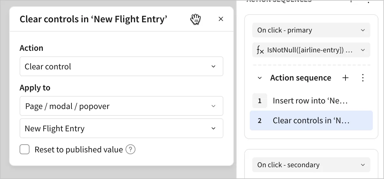 A clear control action is set to Apply to the New Flight Entry modal