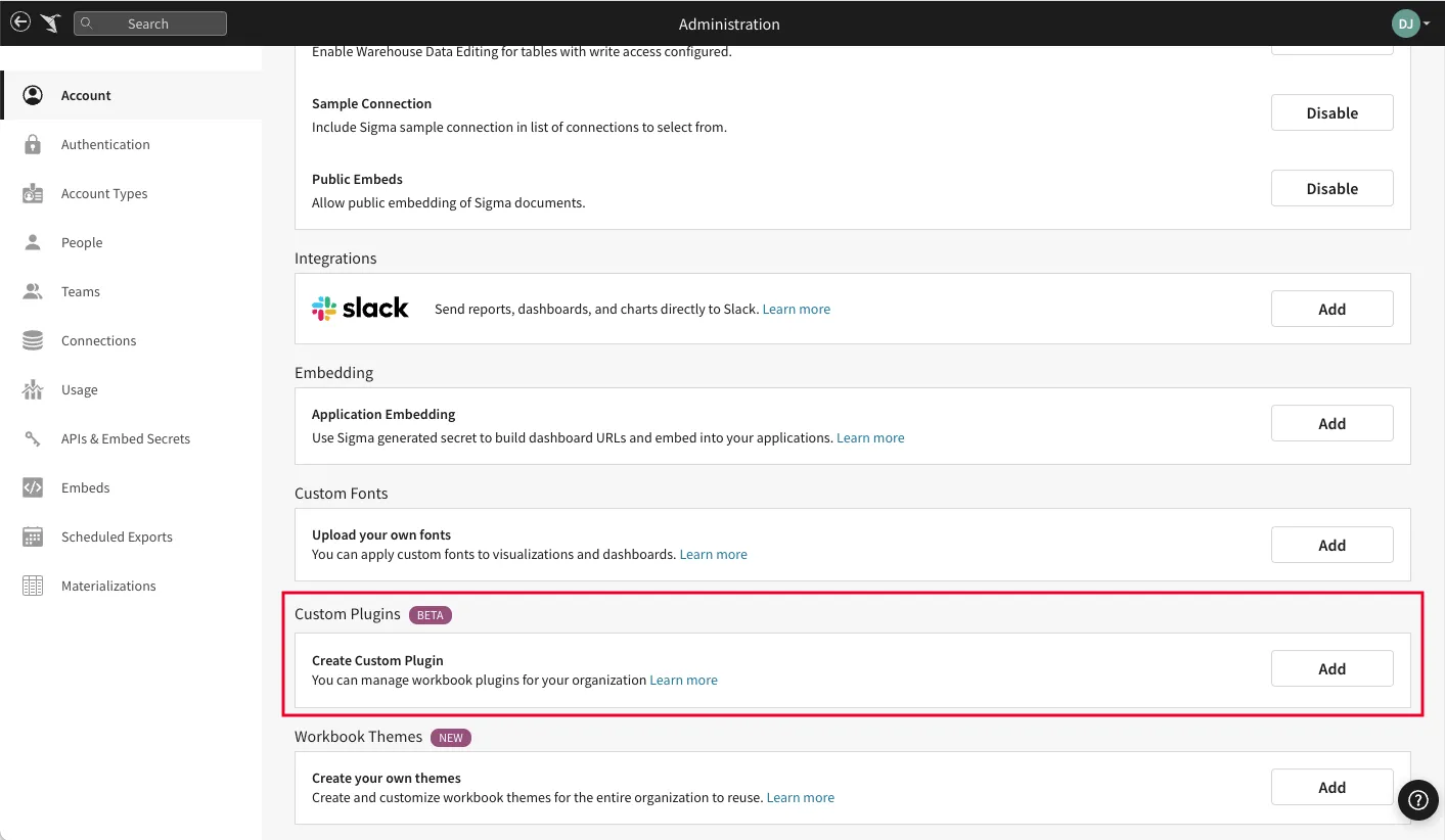 The Account page with the Custom Plugins section highlighted, showing the Create Custom Plugin option.