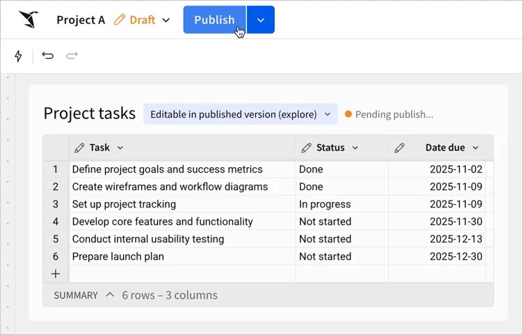 The workbook header with the cursor on the Publish button, and an input table showing Editable in published version (explore) with a Pending publish notification.