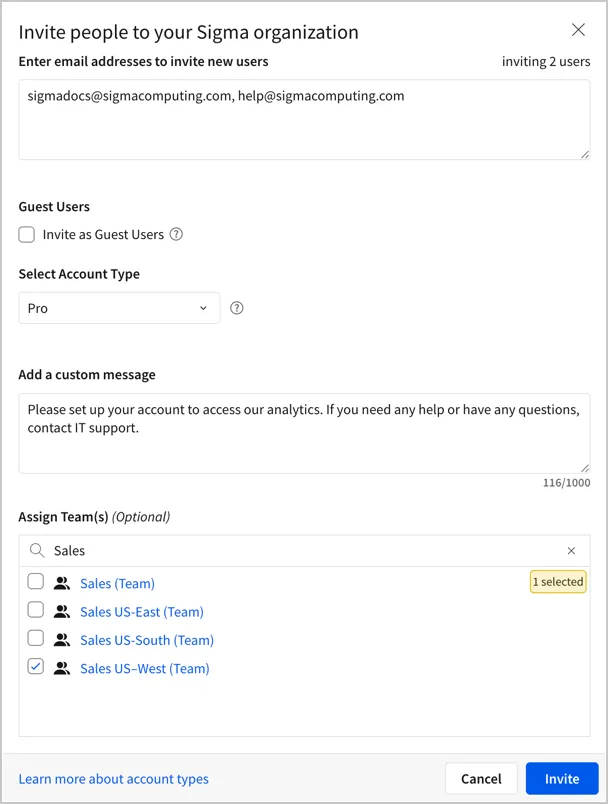 The Invite people to your Sigma organization modal with 2 email addresses entered, Select Account Type set to Pro, a custom message added, and the Sales US-West team assigned.