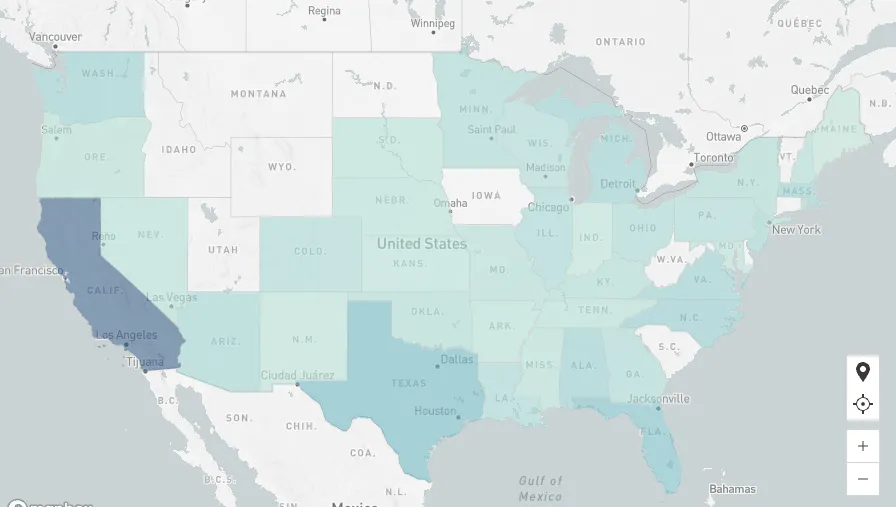 Region map of the United States with states shaded in varying intensities of blue-green.