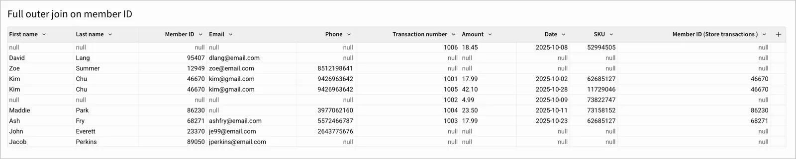 Full outer join result of the customer registry and store transactions tables on Member ID column.