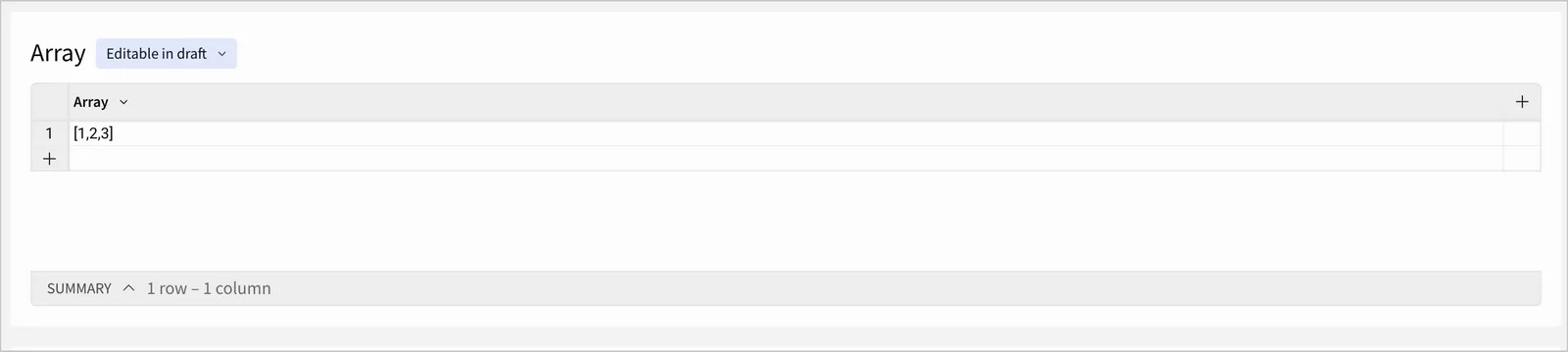 A table named Array shows one row with an array with three items, the numbers 1, 2, and 3