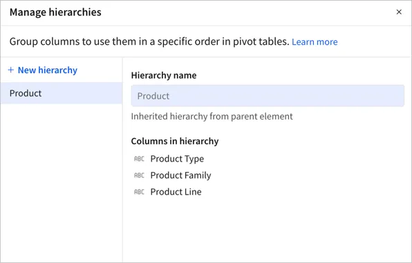 Manage hierarchies popover showing an inherited hierarchy named Popover. The name is highlighted and text indicates "Inherited hierarchy from parent element".