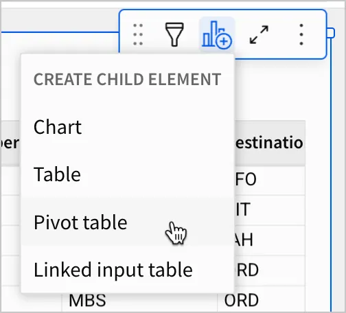 A user selects pivot table from the child element menu