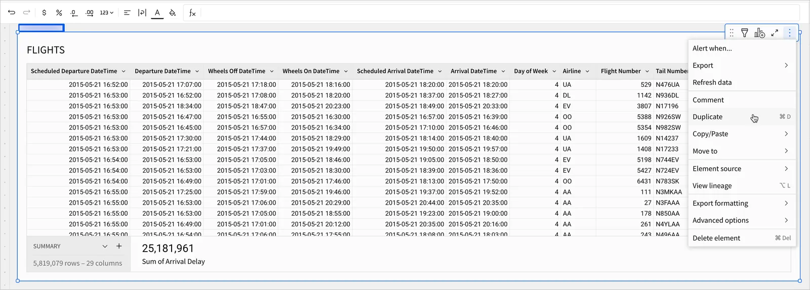 In the element menu for the FLIGHTS table, a user hovers over the Duplicate option