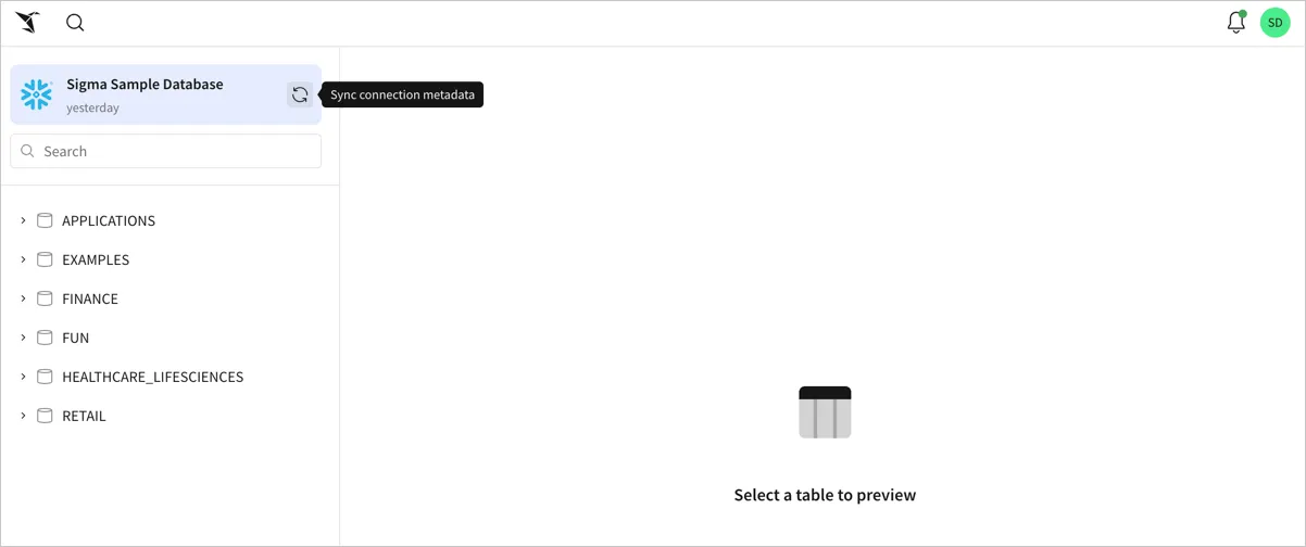 The connection browser for Sigma Sample Database with the cursor hovering over the Sync connection metadata button next to the connection name.