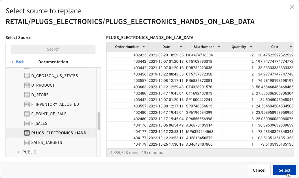 The Select source to replace modal with a data source browser open and a preview of the selected table's columns and rows.