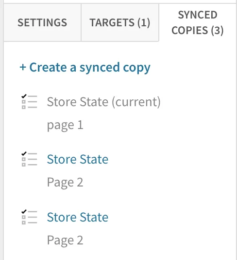 The Synced Copies tab listing the current Store State control on Page 1 and two synced copies on Page 2.