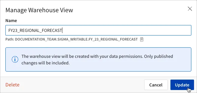 Modal showing the new name, FY23_Forecast, with the updated location and path visible.