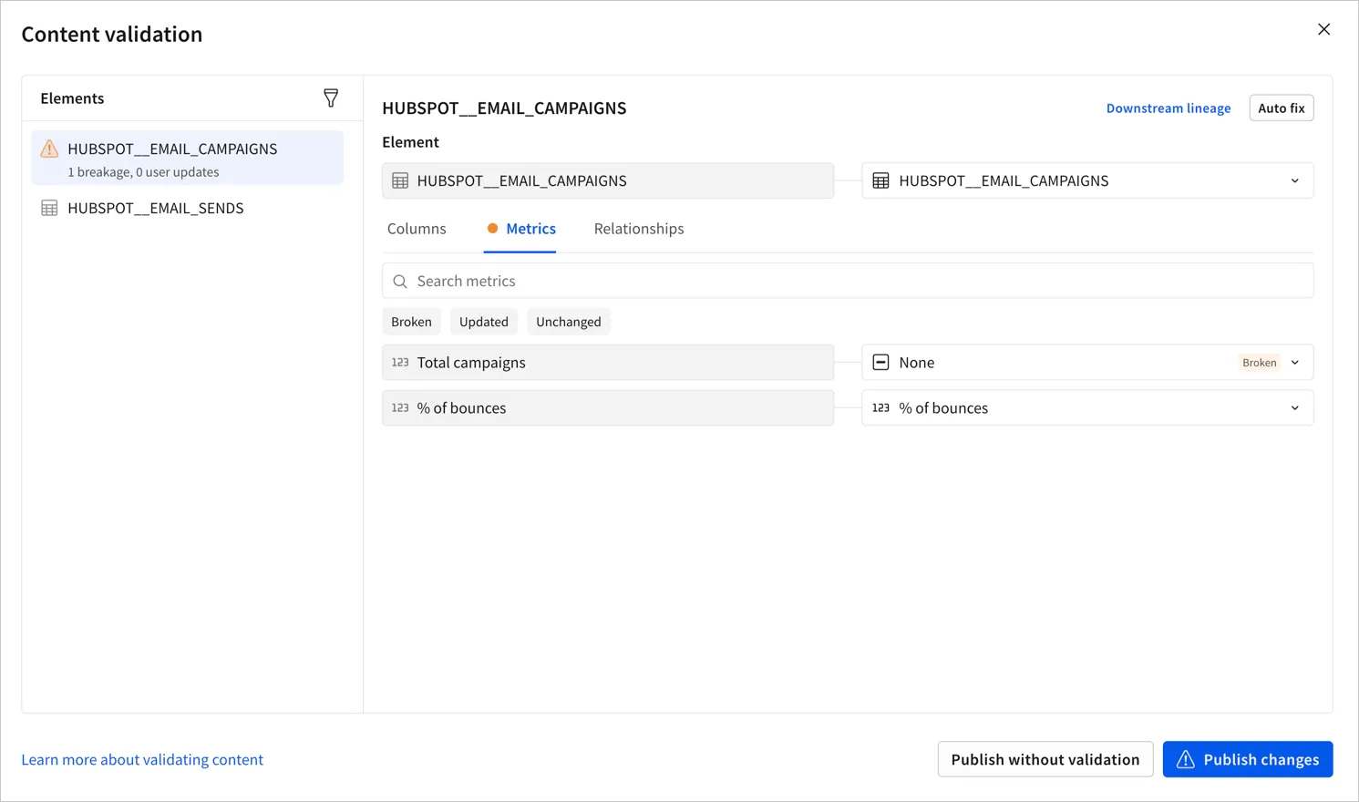 Content validation modal with a Hubspot email campaigns element selected and the metrics tab for the element selected. One metric, Total campaigns is mapped to no replacement and is showing as broken.
