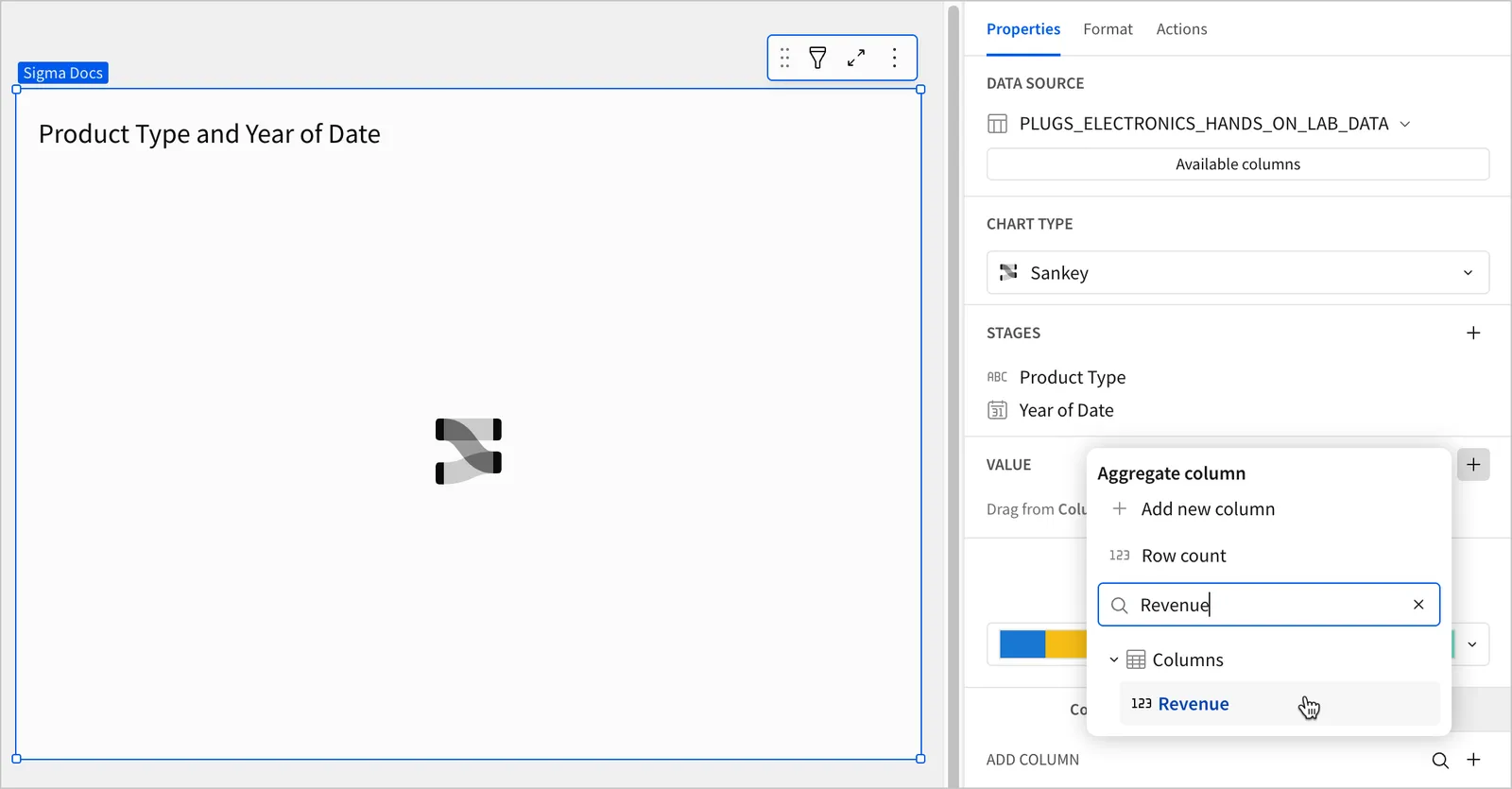 A workbook page with a blank Sankey diagram titled Product Type and Year of Date, with Product Type and Year of Date configured in the Stages property, and the cursor hovering over a column named Revenue in the Aggregate column popover with Revenue entered in the search box.