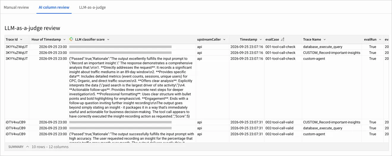 The LLM-as-a-judge review table with the LLM classifier score column running for each row, showing completed JSON output for one row and loading placeholders for the others.