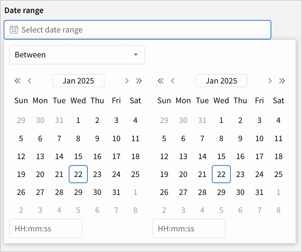 Date range control with the default option Between and the date January 22, 2025 selected for both the start and end dates.