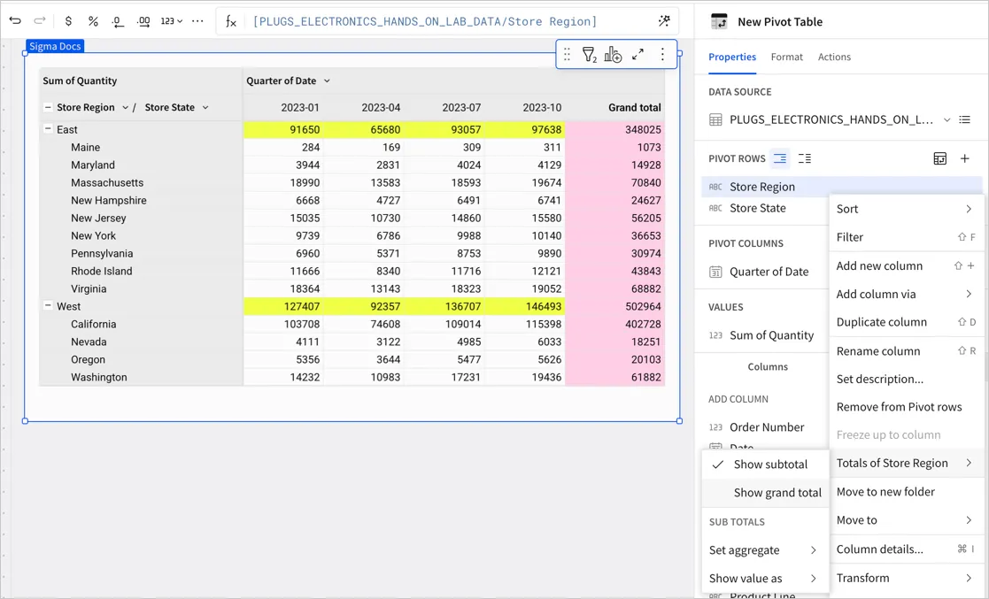 Pivot table showing the sales quantities for store regions and states, with columns for each quarter. Subtotals appear for the West and East regions, and a Total column is shown.