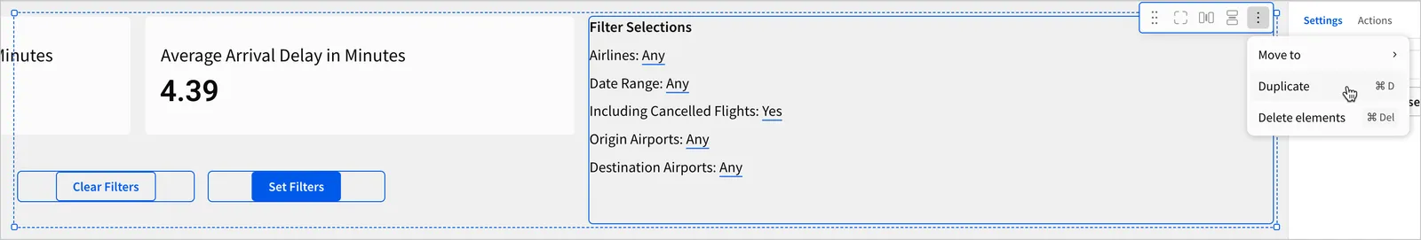 The dynamic text and button elements on the Dashboard page are selected. A user selects the duplicate option