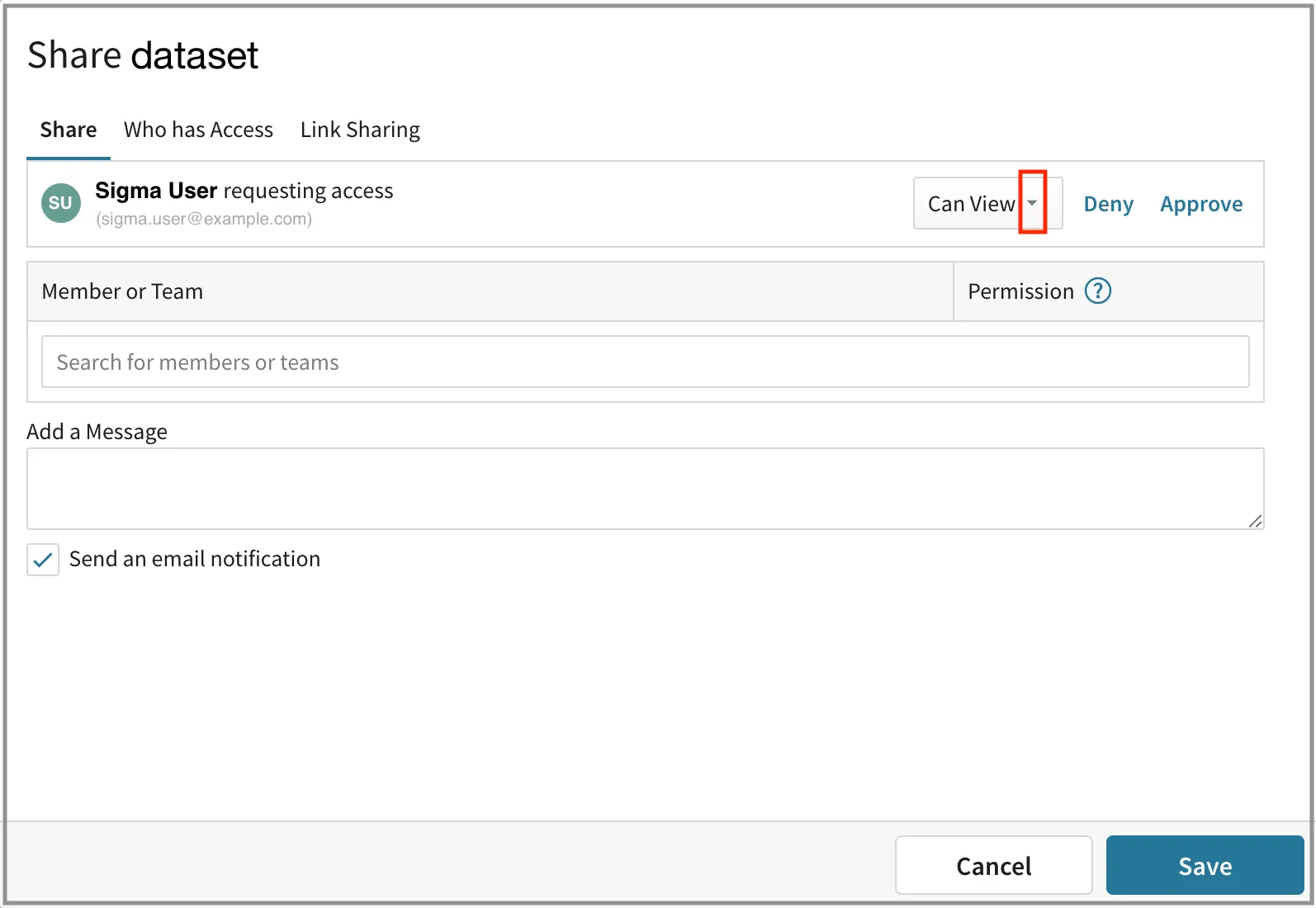 The Share dataset modal with a pending access request from Sigma User, showing the permission dropdown set to Can View with Deny and Approve options.